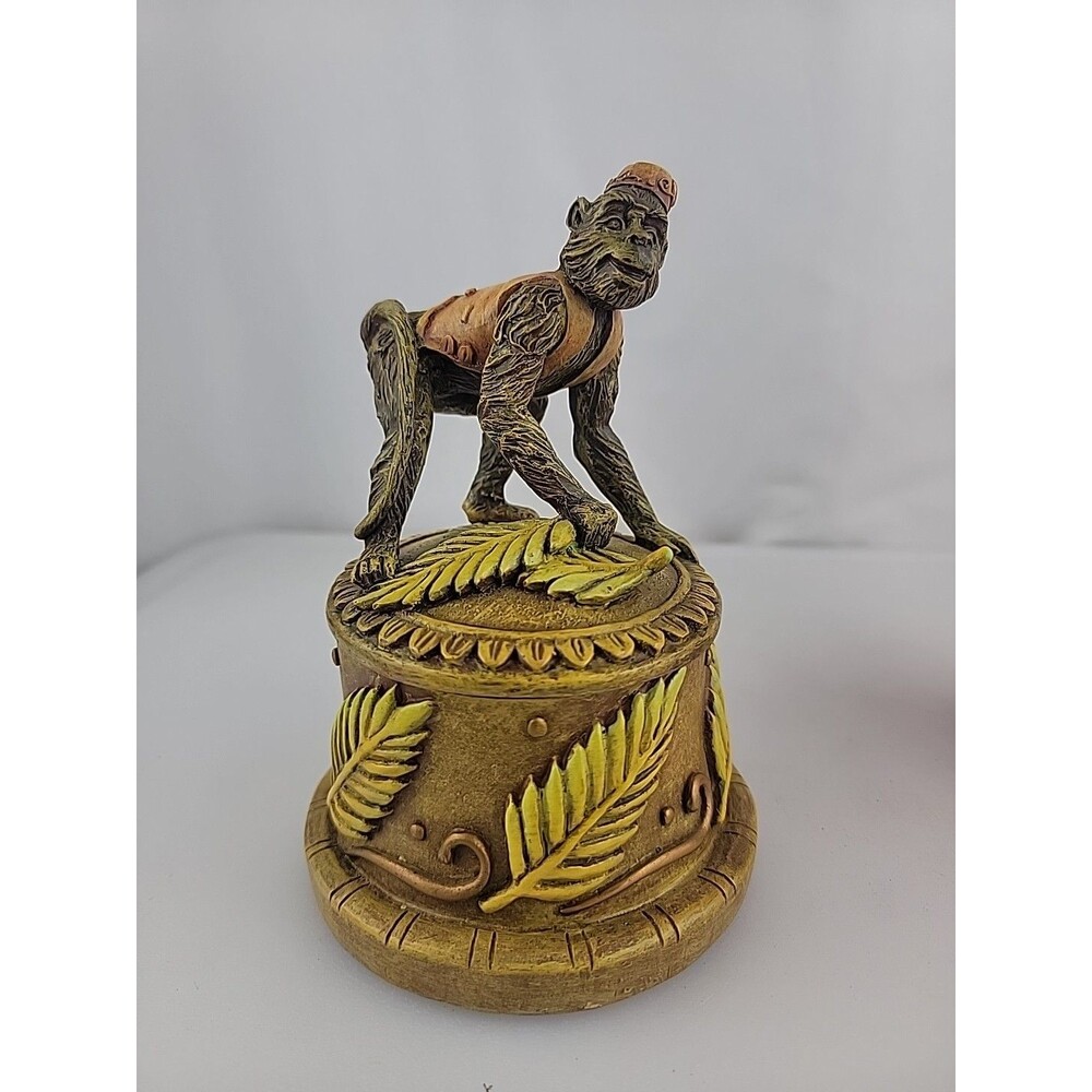Resin Bellhop Monkey Jewelry Ring Trinket Box Book Fez Hat Leaves Design